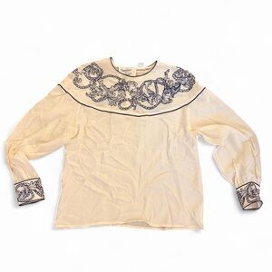 Vintage Francesca of Damon 100% silk shirt blouse blue floral delft sz 14